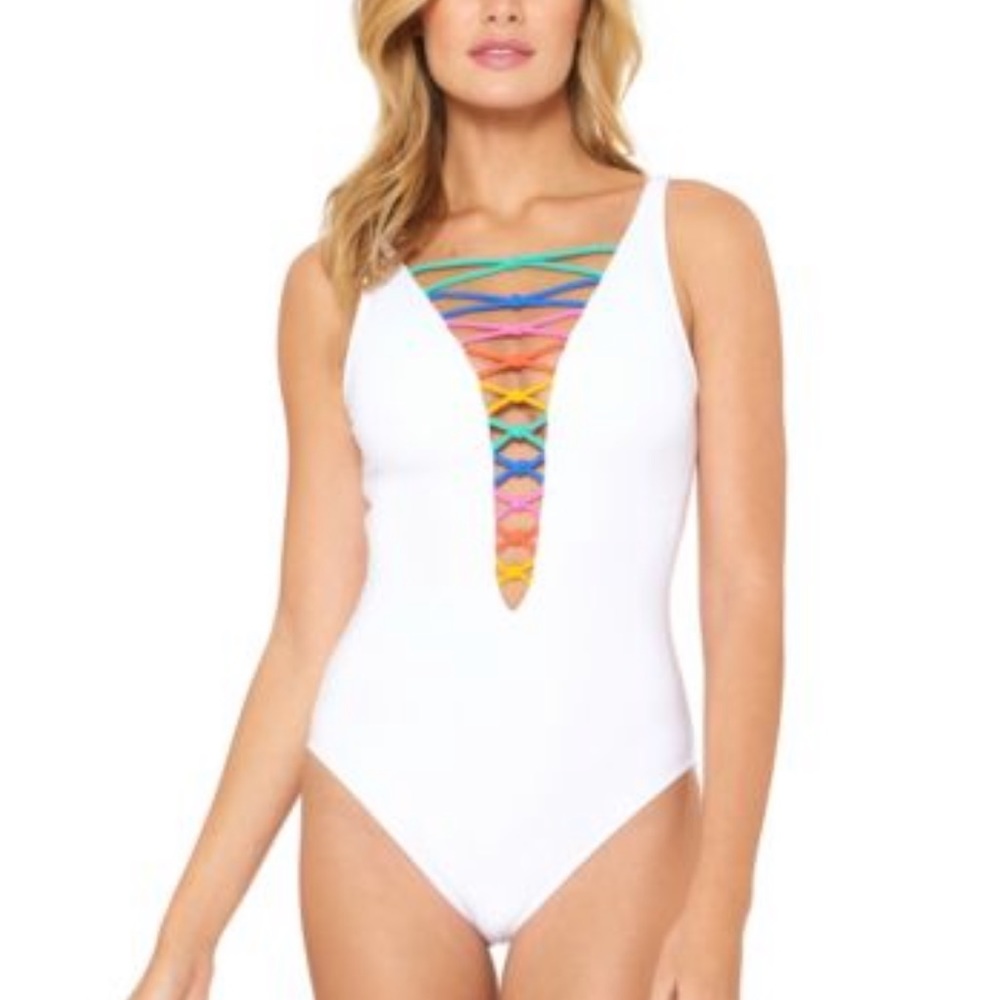 Bleu Rod Beattie White One Piece with Multicolor Detail